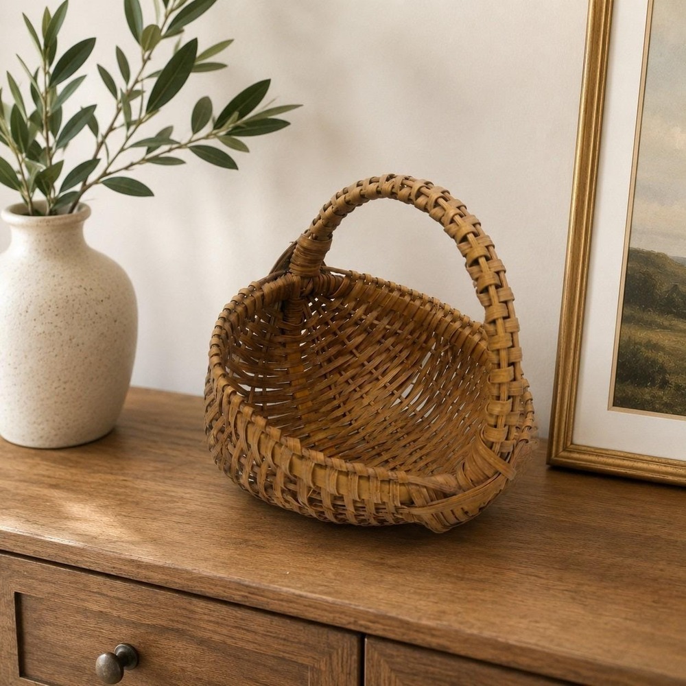 Vintage Handwoven Splint Gathering Basket Primitive Farmhouse Rustic Country...